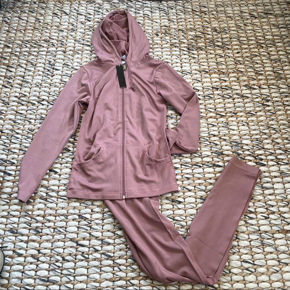 Pink 2 Piece Zip Hoodie Track Suit with Leggings Tights Sexy Crepe Material - Picture 10 of 17